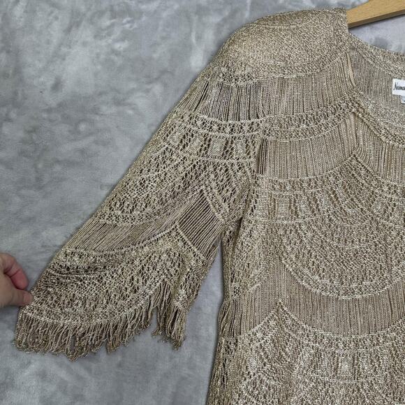 Neiman Marcus Top Womens Small Gold Metallic Fringe Crochet Knit Scallop Hem Vtg - Picture 5 of 11